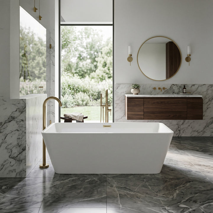67 Inch Bathtub In Glossy White With Brushed Gold Trim - View 2 - Joshua Marshal