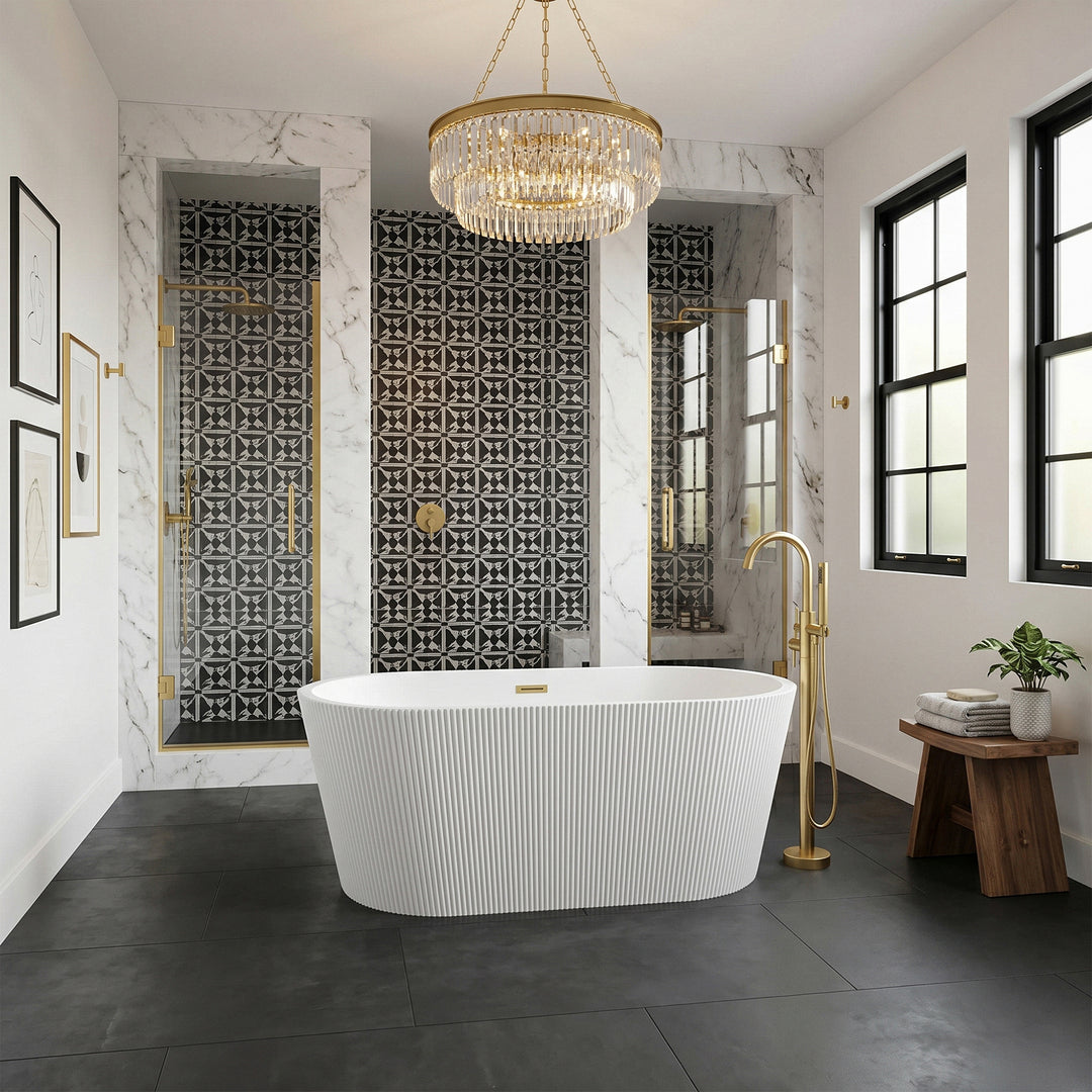 59 Inch Bathtub In Glossy White With Brushed Gold Trim - View 2 - Joshua Marshal