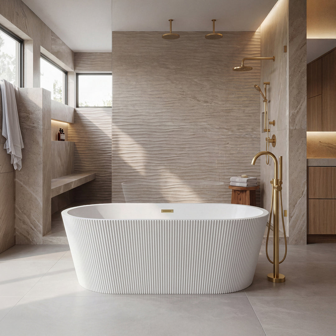 67 Inch Bathtub In Glossy White With Brushed Gold Trim - View 2 - Joshua Marshal