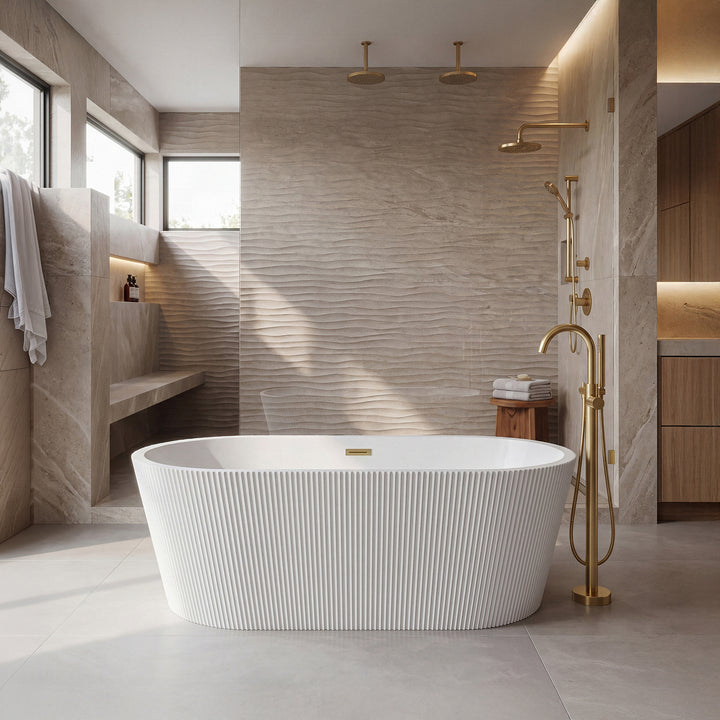 67 Inch Bathtub In Glossy White With Brushed Gold Trim - View 2 - Joshua Marshal