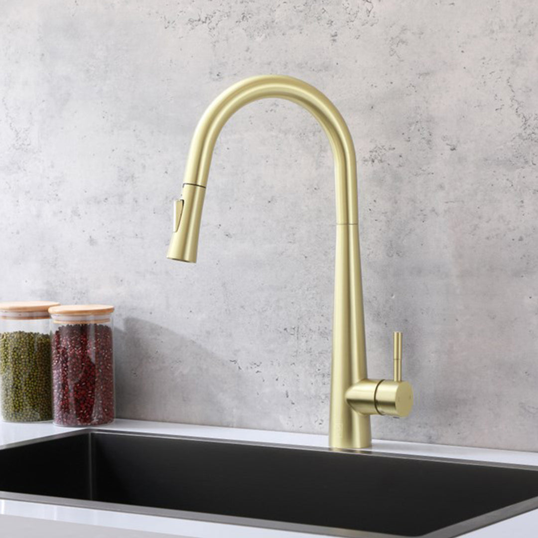 Single Handle Pull Down Sprayer Kitchen Faucet In Brushed Gold Brushed Gold Finish - KITCHEN & BATH by Joshua Marshal