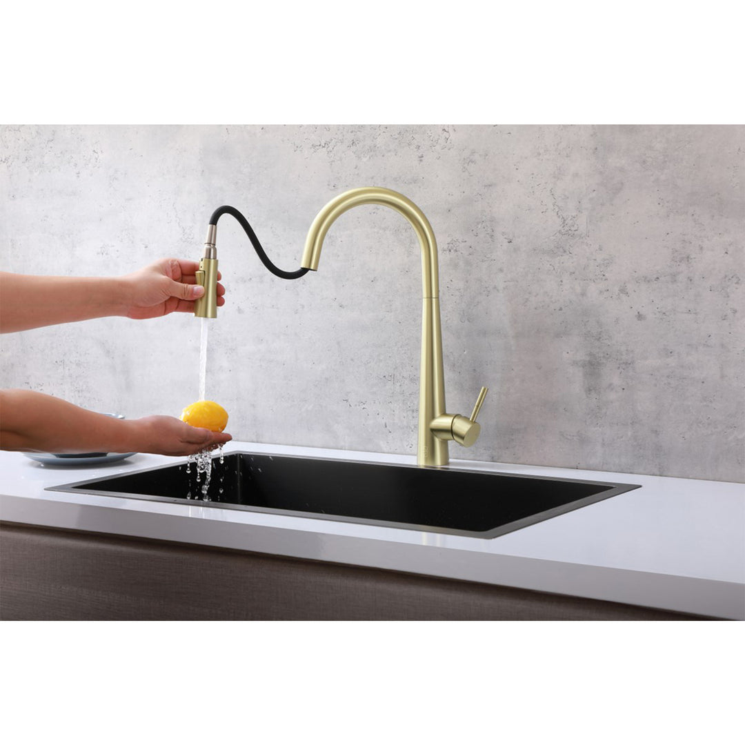 Single Handle Pull Down Sprayer Kitchen Faucet In Brushed Gold - View 4 - Joshua Marshal