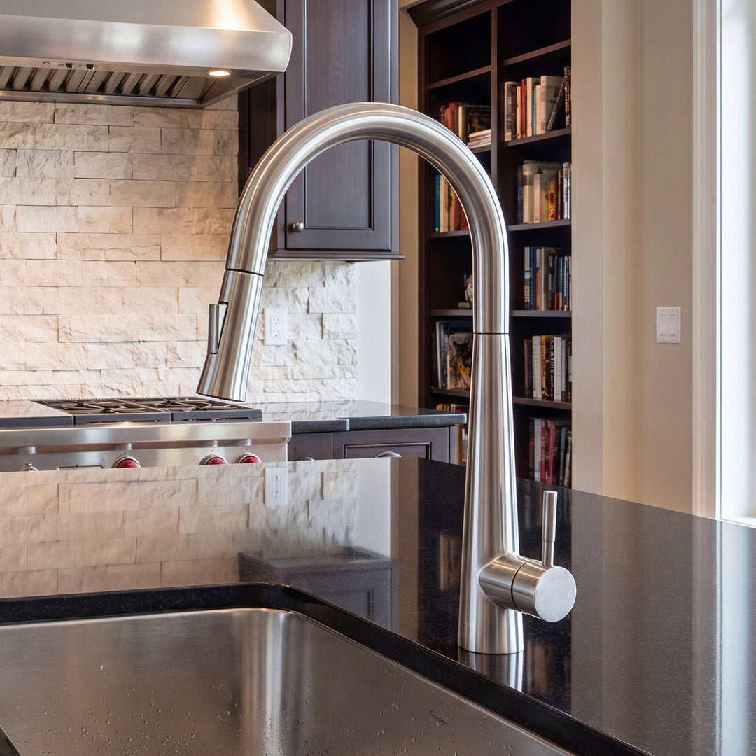 Single Handle Pull Down Sprayer Kitchen Faucet In Brushed Nickel Brushed Nickel Finish - KITCHEN & BATH by Joshua Marshal