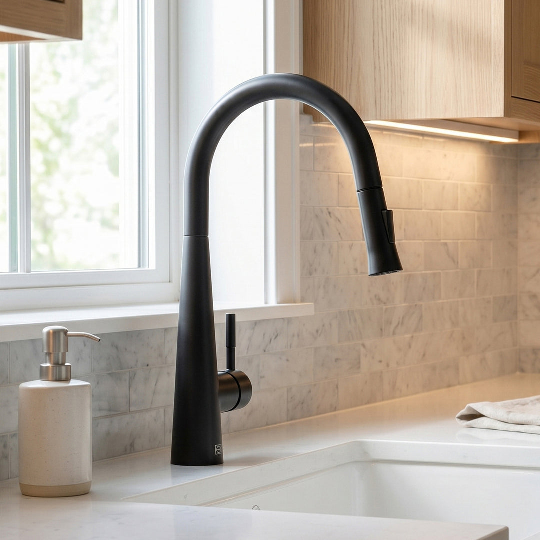Single Handle Pull Down Sprayer Kitchen Faucet In Matte Black Matte Black Finish - KITCHEN & BATH by Joshua Marshal