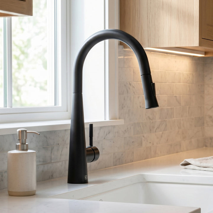 Single Handle Pull Down Sprayer Kitchen Faucet In Matte Black Matte Black Finish - KITCHEN & BATH by Joshua Marshal