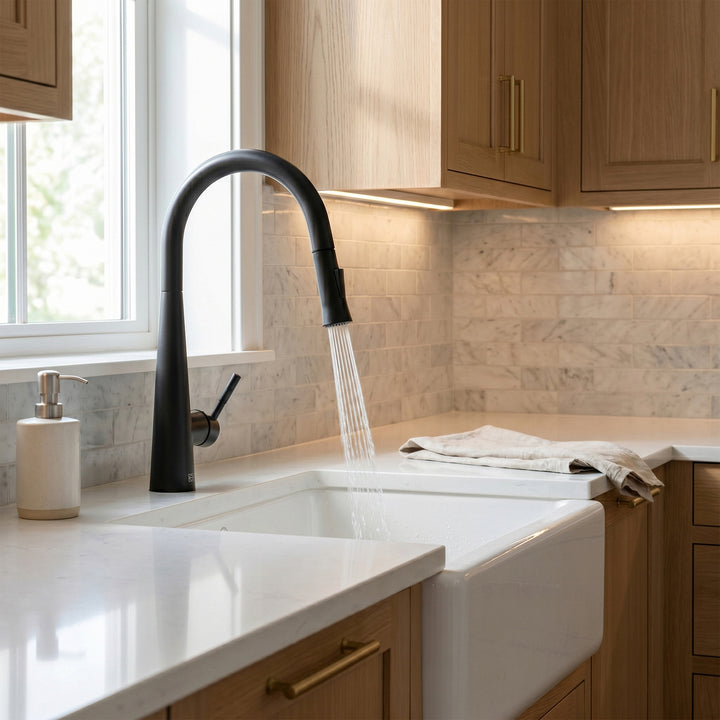 Single Handle Pull Down Sprayer Kitchen Faucet In Matte Black - View 3 - Joshua Marshal