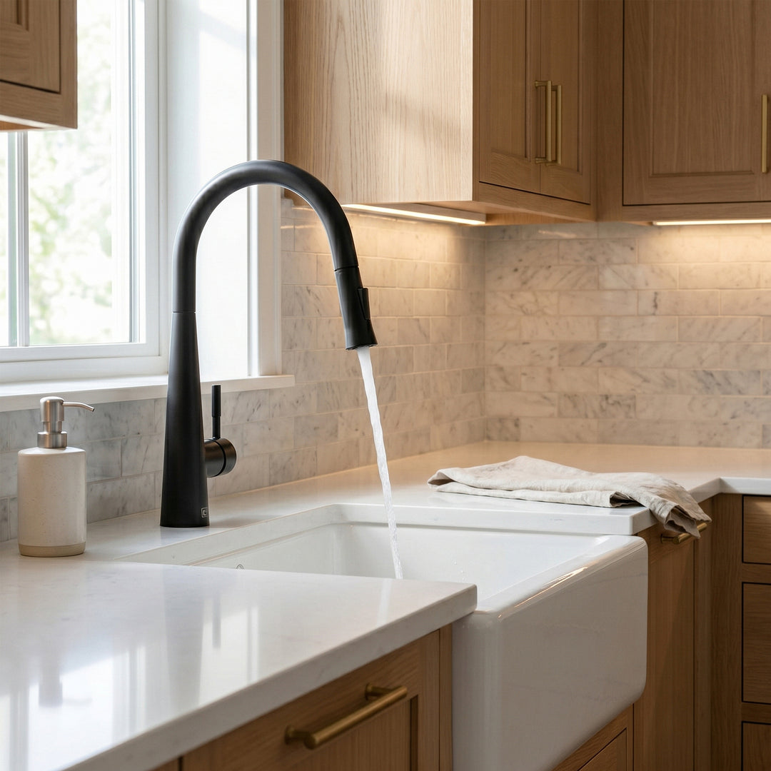 Single Handle Pull Down Sprayer Kitchen Faucet In Matte Black - View 4 - Joshua Marshal