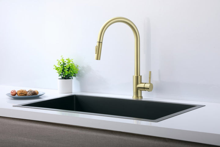 Single Handle Pull Down Sprayer Kitchen Faucet In Brushed Gold JM-856331