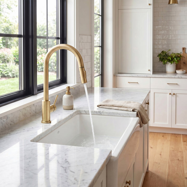 Single Handle Pull Down Sprayer Kitchen Faucet In Brushed Gold - View 4 - Joshua Marshal