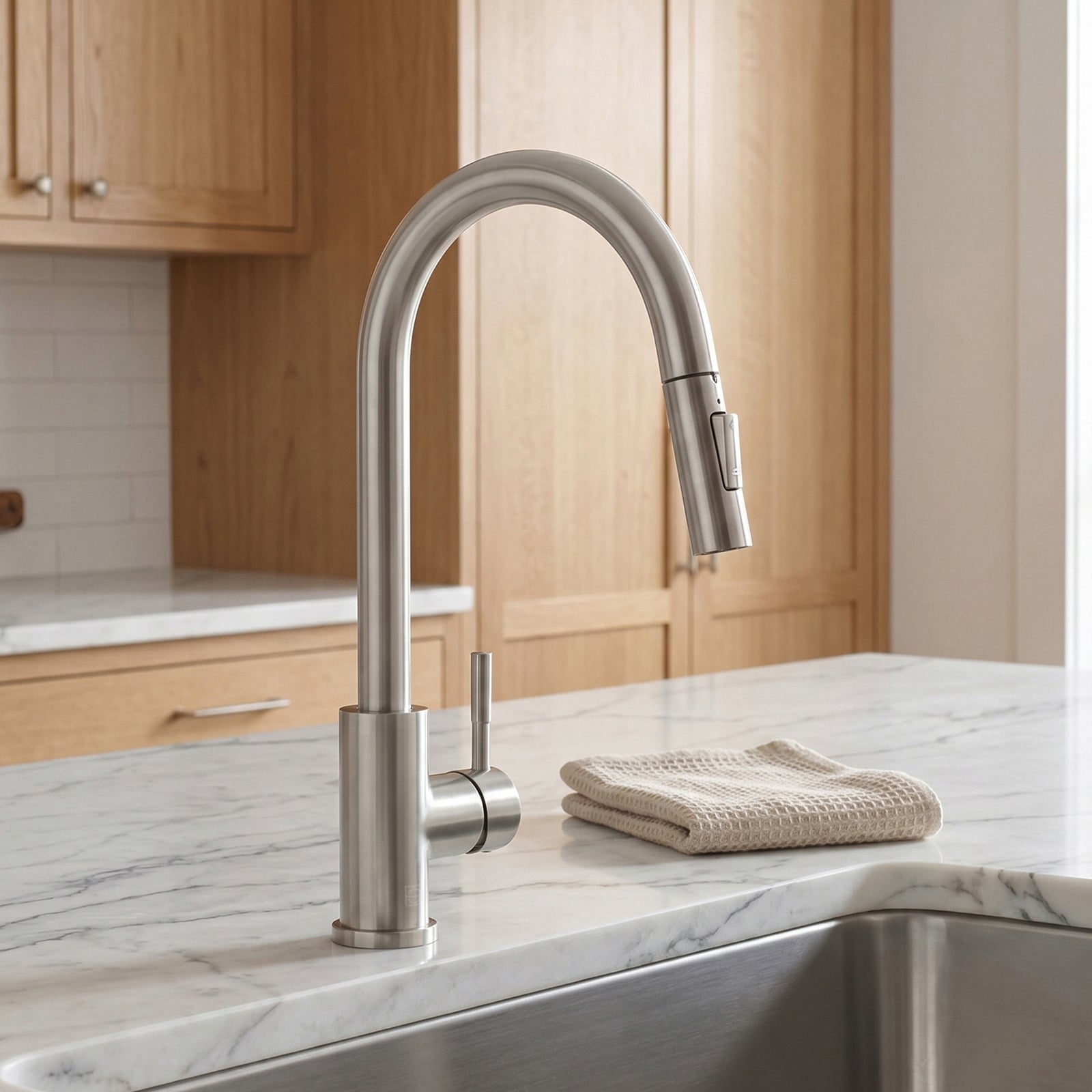 Single Handle Pull Down Sprayer Kitchen Faucet In Brushed Nickel Brushed Nickel Finish - KITCHEN & BATH by Joshua Marshal