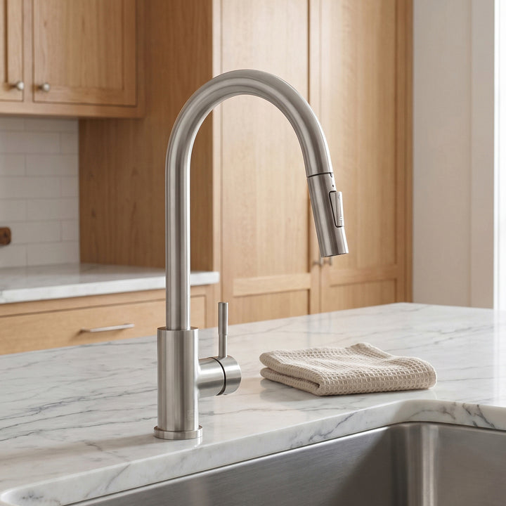 Single Handle Pull Down Sprayer Kitchen Faucet In Brushed Nickel Brushed Nickel Finish - KITCHEN & BATH by Joshua Marshal