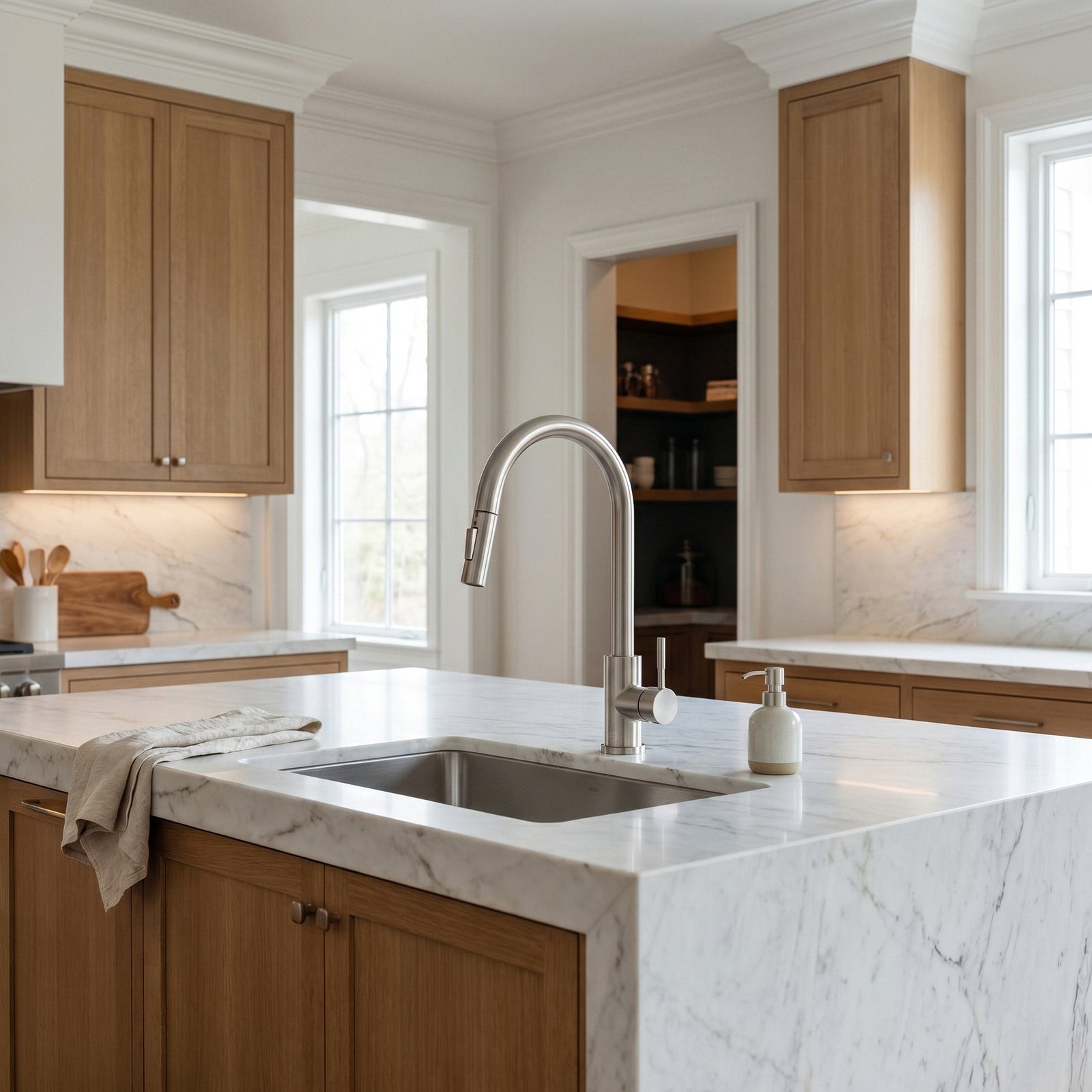 Single Handle Pull Down Sprayer Kitchen Faucet In Brushed Nickel - View 2 - Joshua Marshal