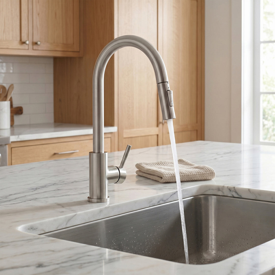 Single Handle Pull Down Sprayer Kitchen Faucet In Brushed Nickel - View 3 - Joshua Marshal