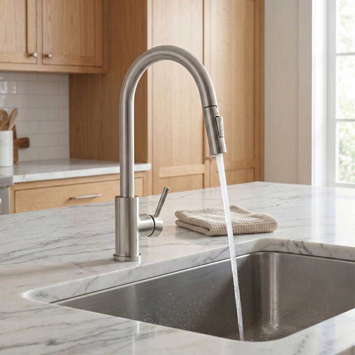 Single Handle Pull Down Sprayer Kitchen Faucet In Brushed Nickel - View 3 - Joshua Marshal