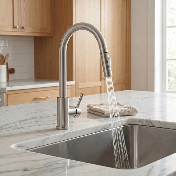 Single Handle Pull Down Sprayer Kitchen Faucet In Brushed Nickel - View 4 - Joshua Marshal