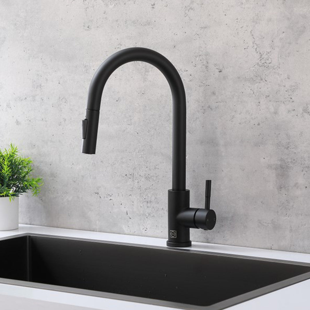 Single Handle Pull Down Sprayer Kitchen Faucet In Matte Black Matte Black Finish - KITCHEN & BATH by Joshua Marshal