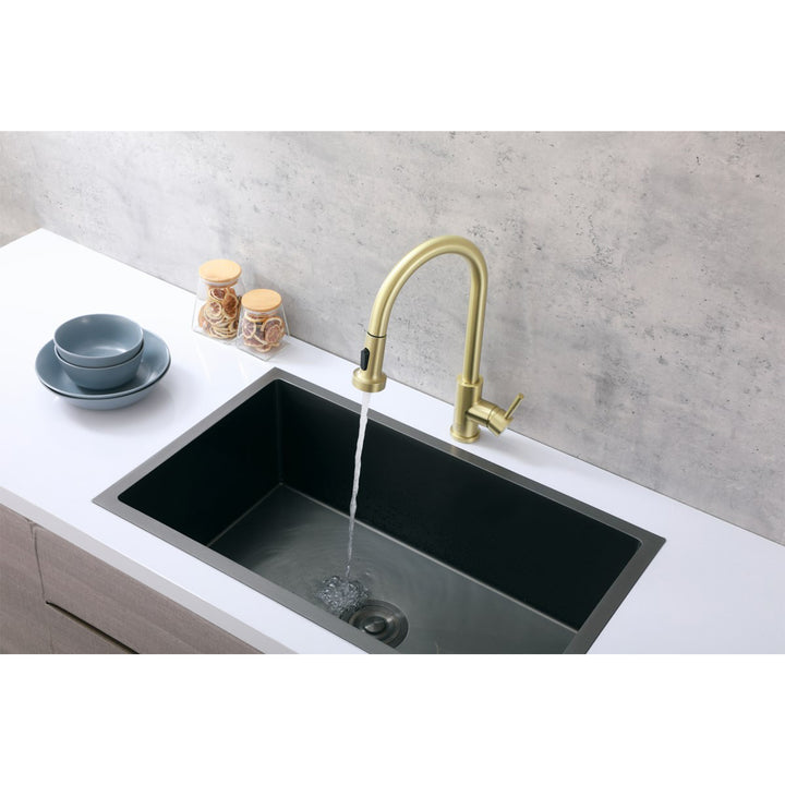 Single Handle Pull Down Sprayer Kitchen Faucet In Brushed Gold - View 2 - Joshua Marshal