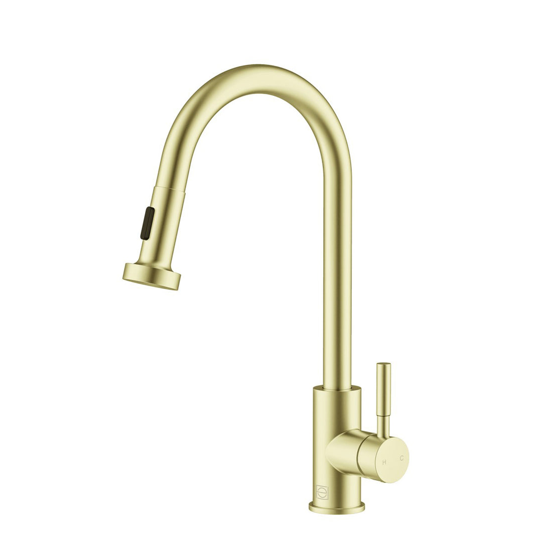 Single Handle Pull Down Sprayer Kitchen Faucet In Brushed Gold - View 3 - Joshua Marshal