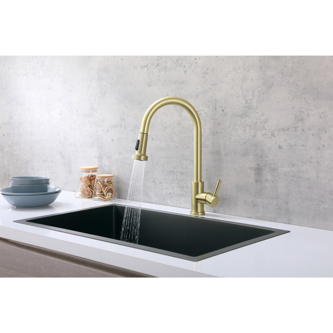 Single Handle Pull Down Sprayer Kitchen Faucet In Brushed Gold - View 4 - Joshua Marshal