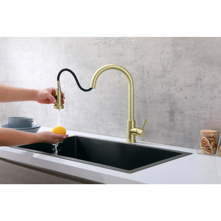 Single Handle Pull Down Sprayer Kitchen Faucet In Brushed Gold - View 5 - Joshua Marshal