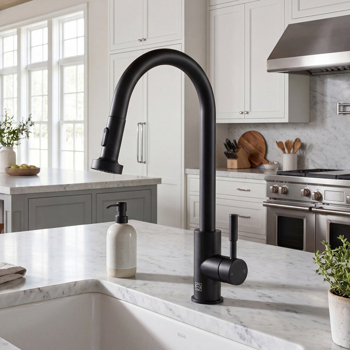 Single Handle Pull Down Sprayer Kitchen Faucet In Matte Black Matte Black Finish - KITCHEN & BATH by Joshua Marshal