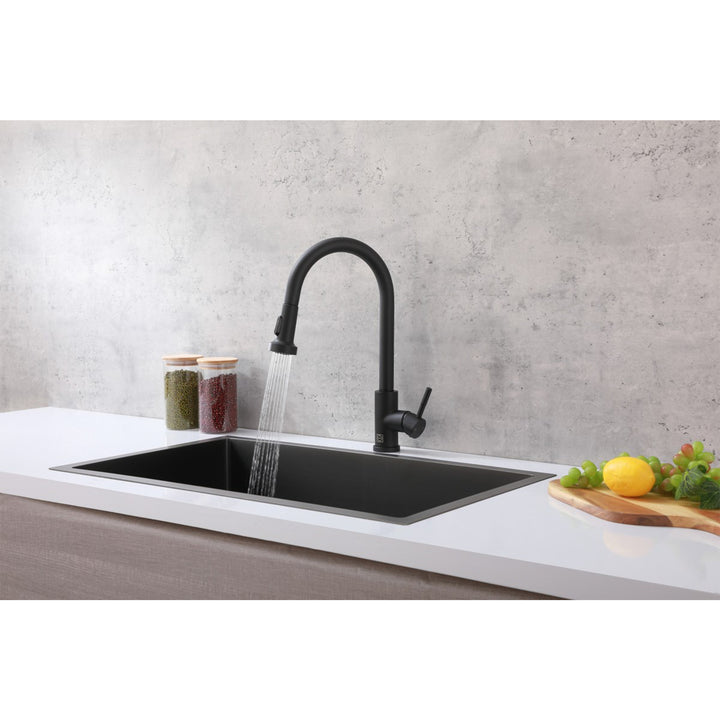 Single Handle Pull Down Sprayer Kitchen Faucet In Matte Black - View 6 - Joshua Marshal