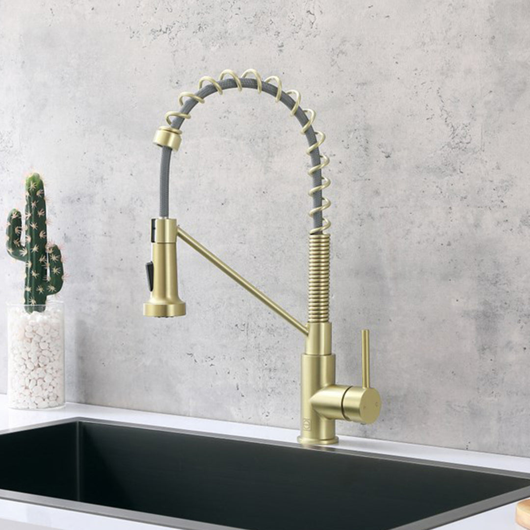 Single Handle Pull Down Sprayer Kitchen Faucet In Brushed Gold Brushed Gold Finish - KITCHEN & BATH by Joshua Marshal