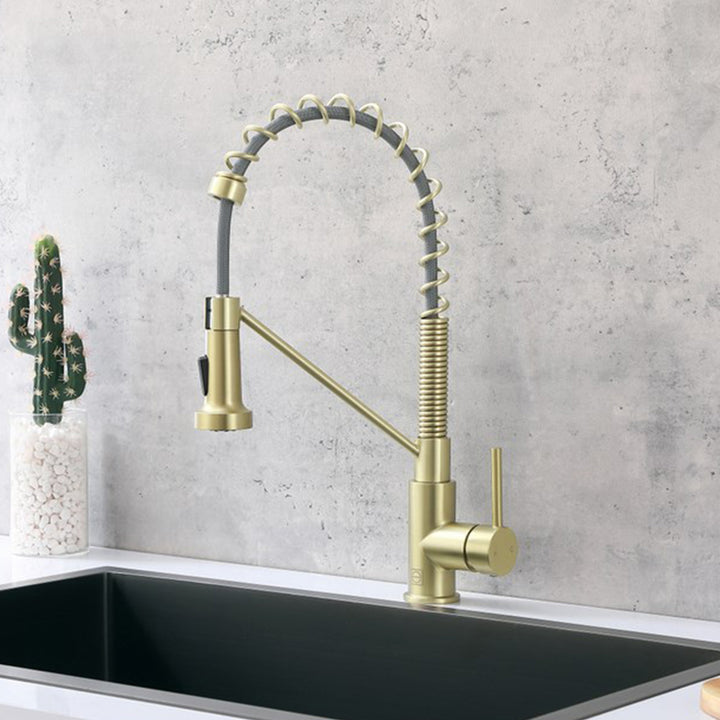 Single Handle Pull Down Sprayer Kitchen Faucet In Brushed Gold Brushed Gold Finish - KITCHEN & BATH by Joshua Marshal