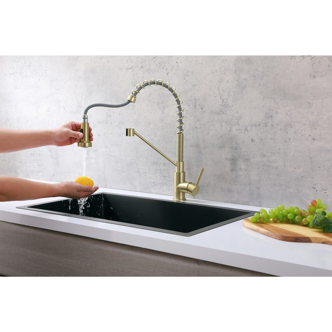 Single Handle Pull Down Sprayer Kitchen Faucet In Brushed Gold - View 2 - Joshua Marshal