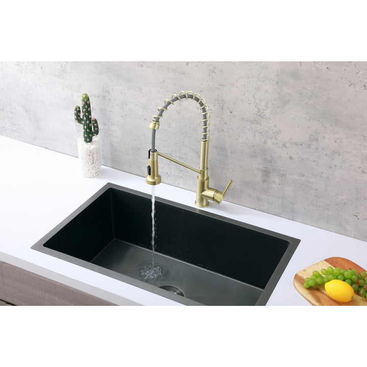 Single Handle Pull Down Sprayer Kitchen Faucet In Brushed Gold - View 4 - Joshua Marshal