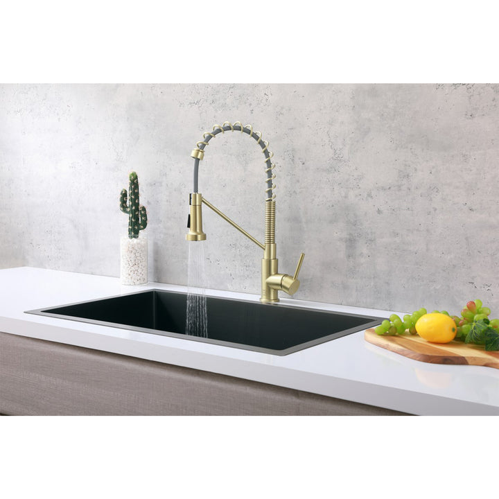 Single Handle Pull Down Sprayer Kitchen Faucet In Brushed Gold - View 5 - Joshua Marshal