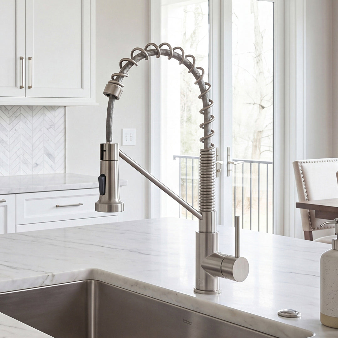 Single Handle Pull Down Sprayer Kitchen Faucet In Brushed Nickel Brushed Nickel Finish - KITCHEN & BATH by Joshua Marshal