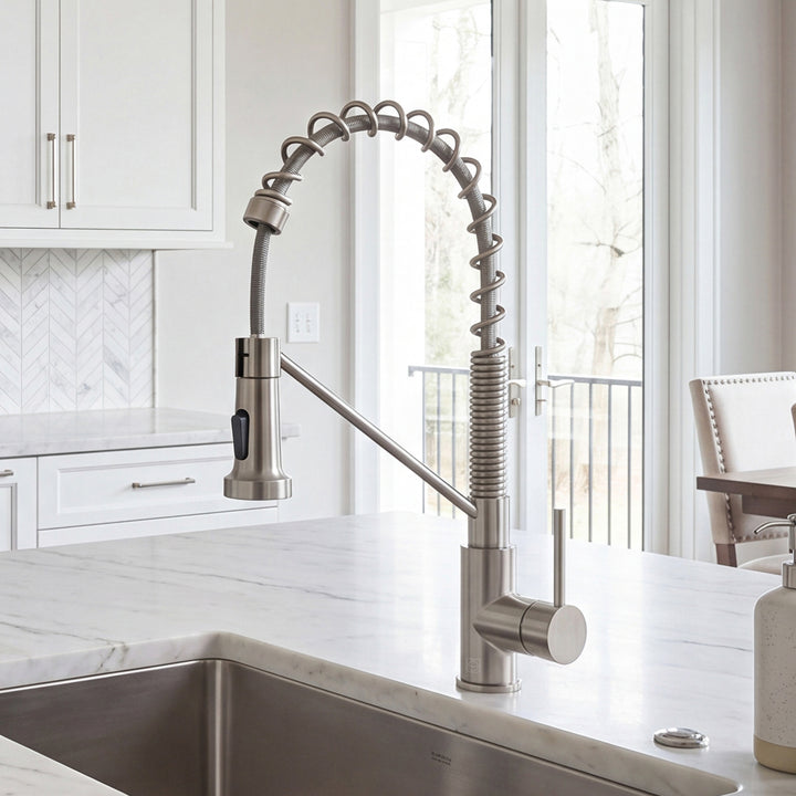 Single Handle Pull Down Sprayer Kitchen Faucet In Brushed Nickel Brushed Nickel Finish - KITCHEN & BATH by Joshua Marshal