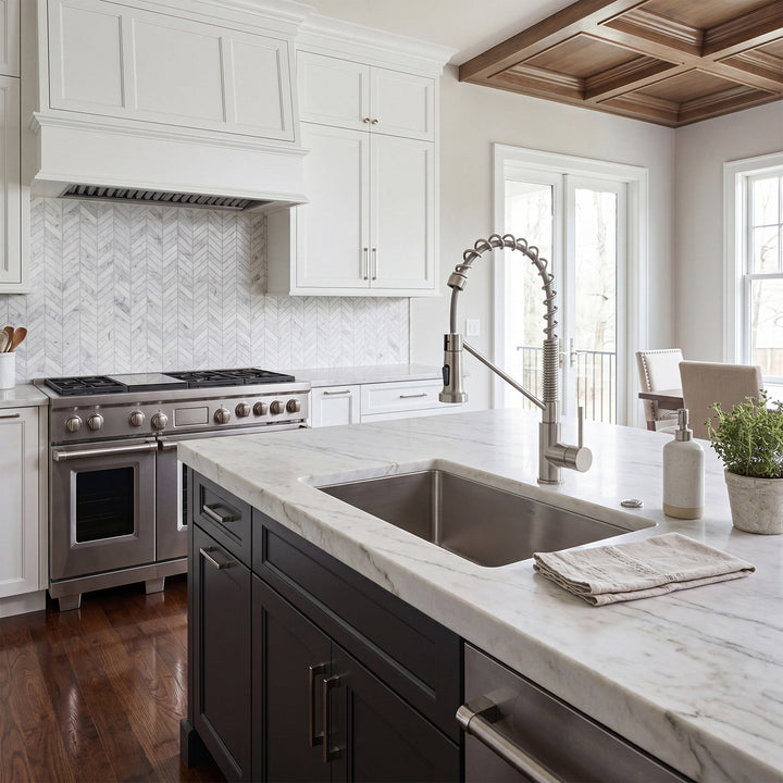 Single Handle Pull Down Sprayer Kitchen Faucet In Brushed Nickel - View 2 - Joshua Marshal