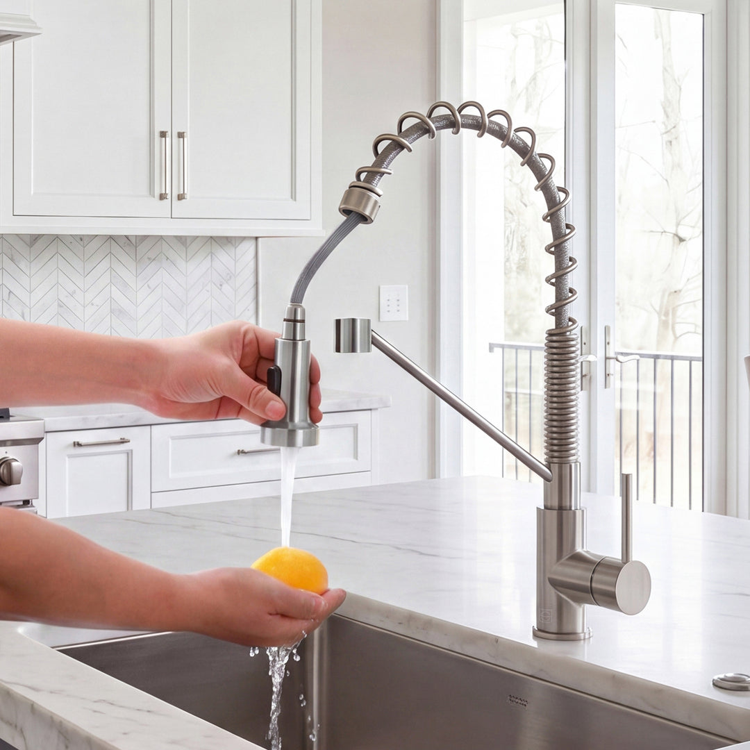 Single Handle Pull Down Sprayer Kitchen Faucet In Brushed Nickel - View 3 - Joshua Marshal