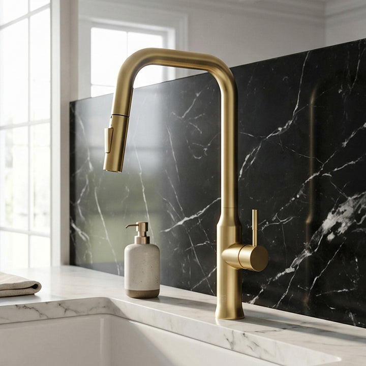 Single Handle Pull Down Sprayer Kitchen Faucet In Brushed Gold Brushed Gold Finish - KITCHEN & BATH by Joshua Marshal