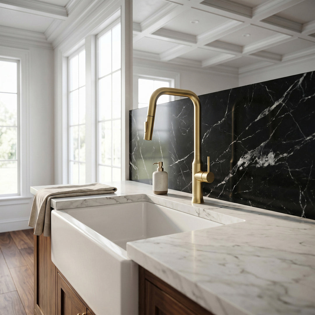 Single Handle Pull Down Sprayer Kitchen Faucet In Brushed Gold - View 2 - Joshua Marshal