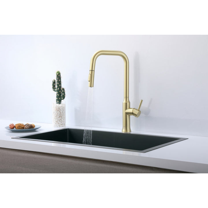 Single Handle Pull Down Sprayer Kitchen Faucet In Brushed Gold - View 5 - Joshua Marshal