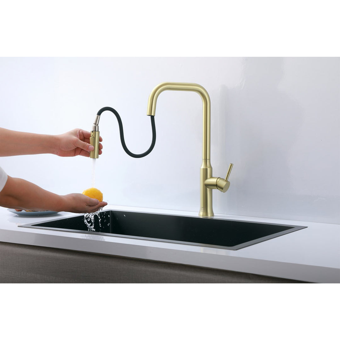 Single Handle Pull Down Sprayer Kitchen Faucet In Brushed Gold - View 6 - Joshua Marshal