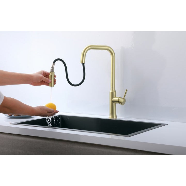 Single Handle Pull Down Sprayer Kitchen Faucet In Brushed Gold - View 6 - Joshua Marshal