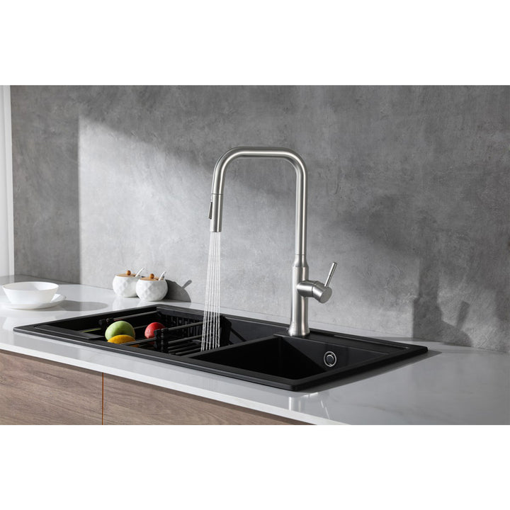Single Handle Pull Down Sprayer Kitchen Faucet In Brushed Nickel - View 2 - Joshua Marshal