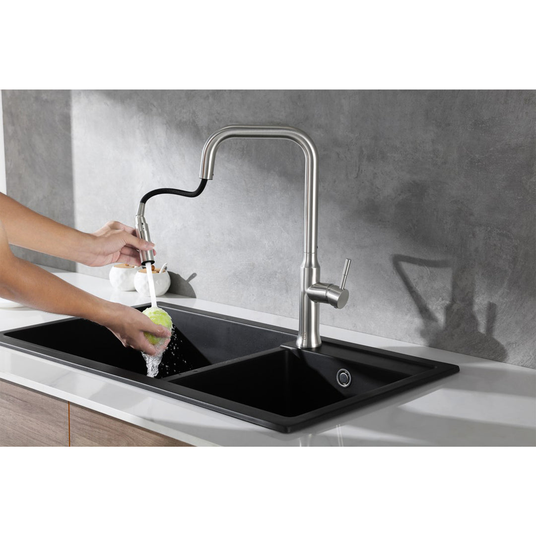 Single Handle Pull Down Sprayer Kitchen Faucet In Brushed Nickel - View 4 - Joshua Marshal