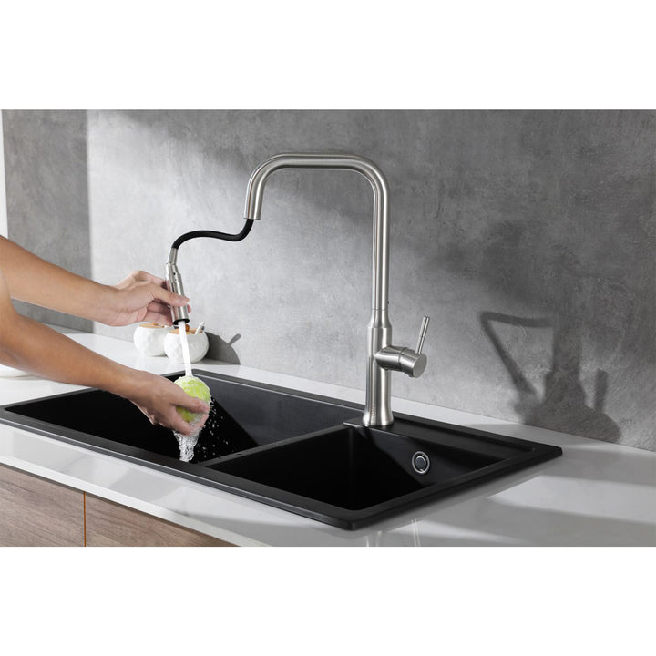 Single Handle Pull Down Sprayer Kitchen Faucet In Brushed Nickel - View 4 - Joshua Marshal