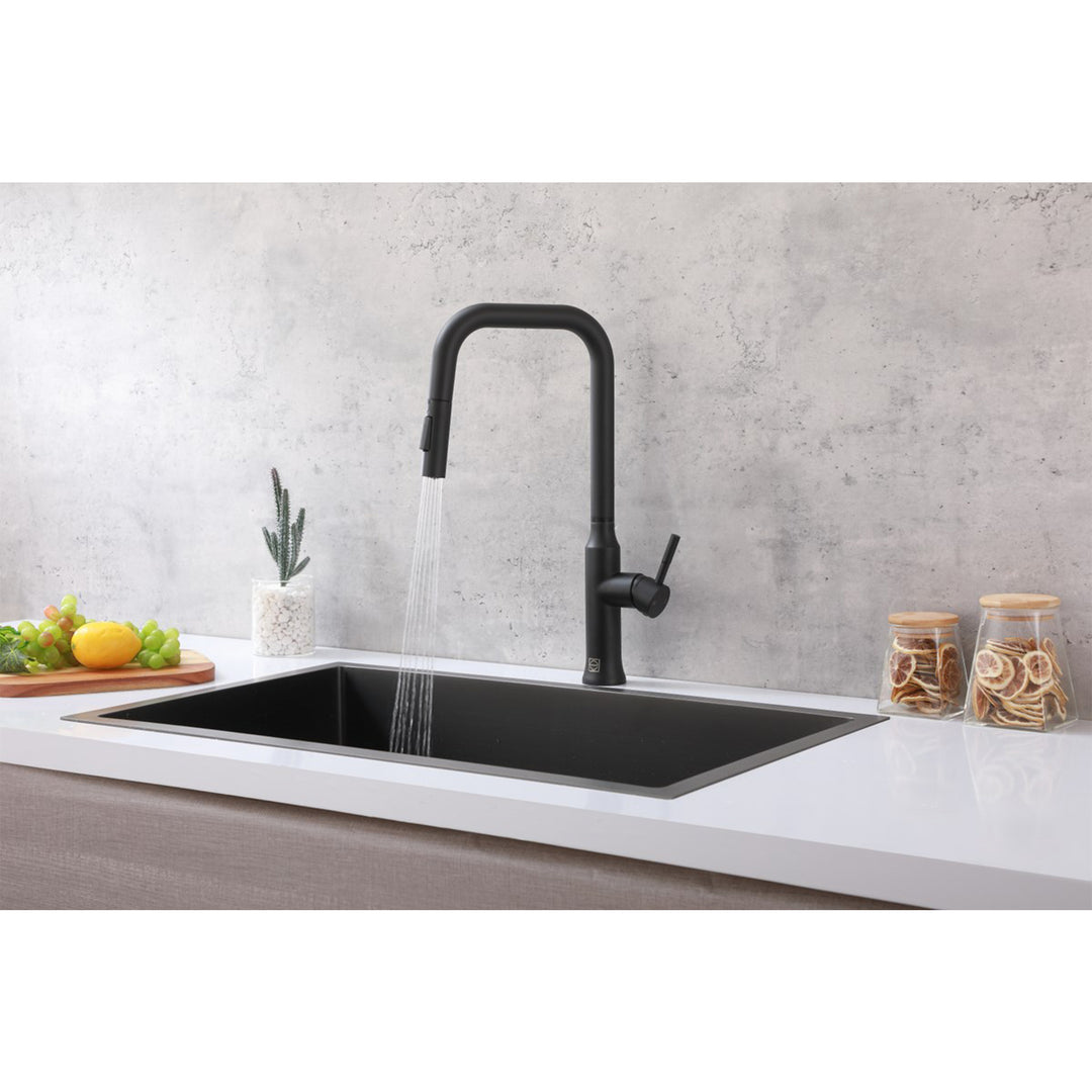 Single Handle Pull Down Sprayer Kitchen Faucet In Matte Black - View 4 - Joshua Marshal