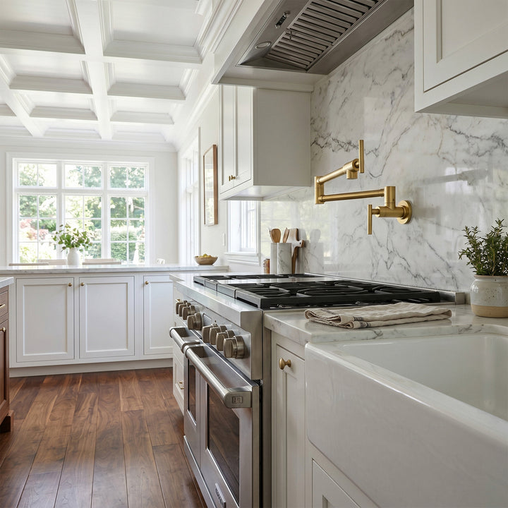 Wall Mounted Pot Filler In Brushed Gold - View 2 - Joshua Marshal