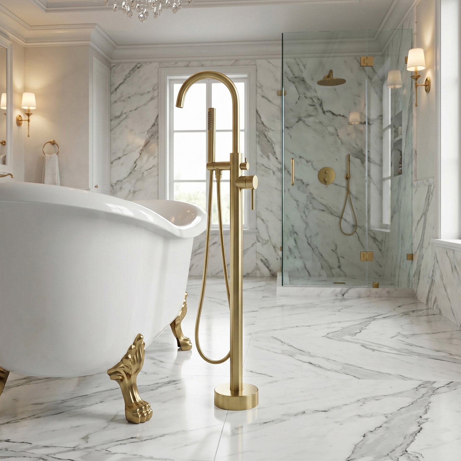 Floor Mounted Roman Tub Faucet With Handshower In Brushed Gold Brushed Gold Finish - KITCHEN & BATH by Joshua Marshal
