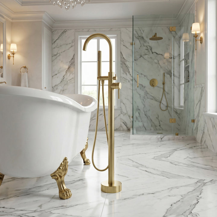 Floor Mounted Roman Tub Faucet With Handshower In Brushed Gold Brushed Gold Finish - KITCHEN & BATH by Joshua Marshal