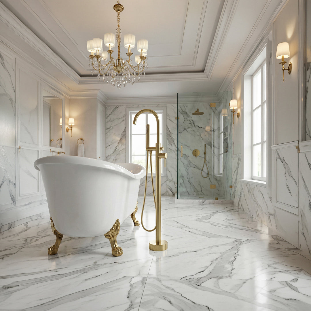 Floor Mounted Roman Tub Faucet With Handshower In Brushed Gold - View 2 - Joshua Marshal