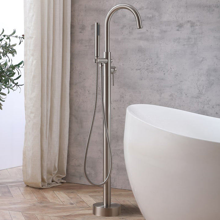 Floor Mounted Roman Tub Faucet With Handshower In Brushed Nickel Brushed Nickel Finish - KITCHEN & BATH by Joshua Marshal