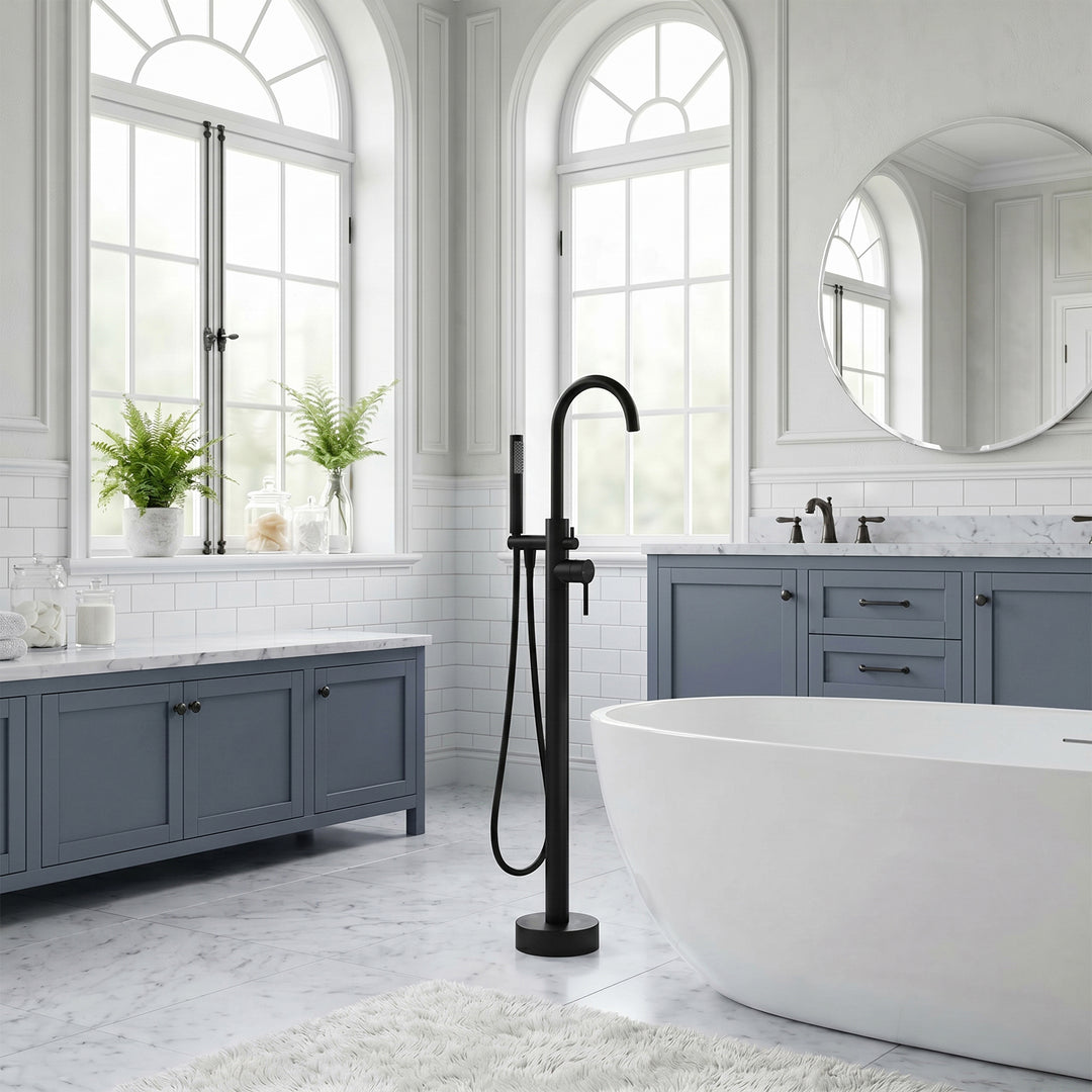 Floor Mounted Roman Tub Faucet With Handshower In Matte Black - View 2 - Joshua Marshal